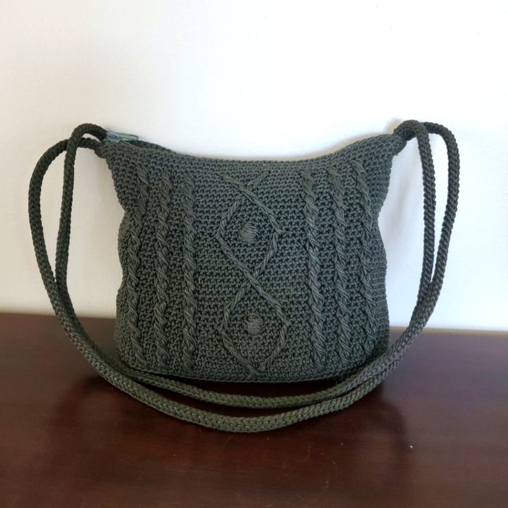 Crochet Dark Green Double Strap Shoulder Bag ~ Boho Lined Pre-Owned